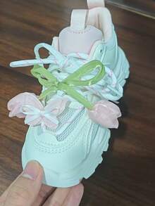 Cute Kids' Casual Shoes, Pink & White Color Block Design, 3D Flower & Bow Decor, Fashion Sneakers (Tongue Logo Random) - Pink - View 8