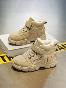 1 Paar Kinder Winter Plüsch gefütterte wasserdichte Schneestiefel, Lederoberfläche, Klettverschluss mit Buchstaben, rutschfest, verschleißfest Winterschuhe mit hohem Schaft, Jungen & Mädchen Winter Lässig Buchstaben Muster Klettverschluss Plüsch rutschfeste Schneestiefel