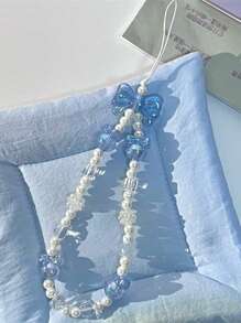 1pc Fashion Minimalist Blue & White Bowknot Faux Pearl Beaded Phone Strap, Suitable As Gift For Any Occasion