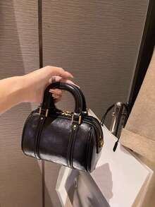 復古荔枝紋理手提保齡球包，秋冬百搭時尚女款上班通勤斜挎枕頭包 - 黑色 - 查看 4