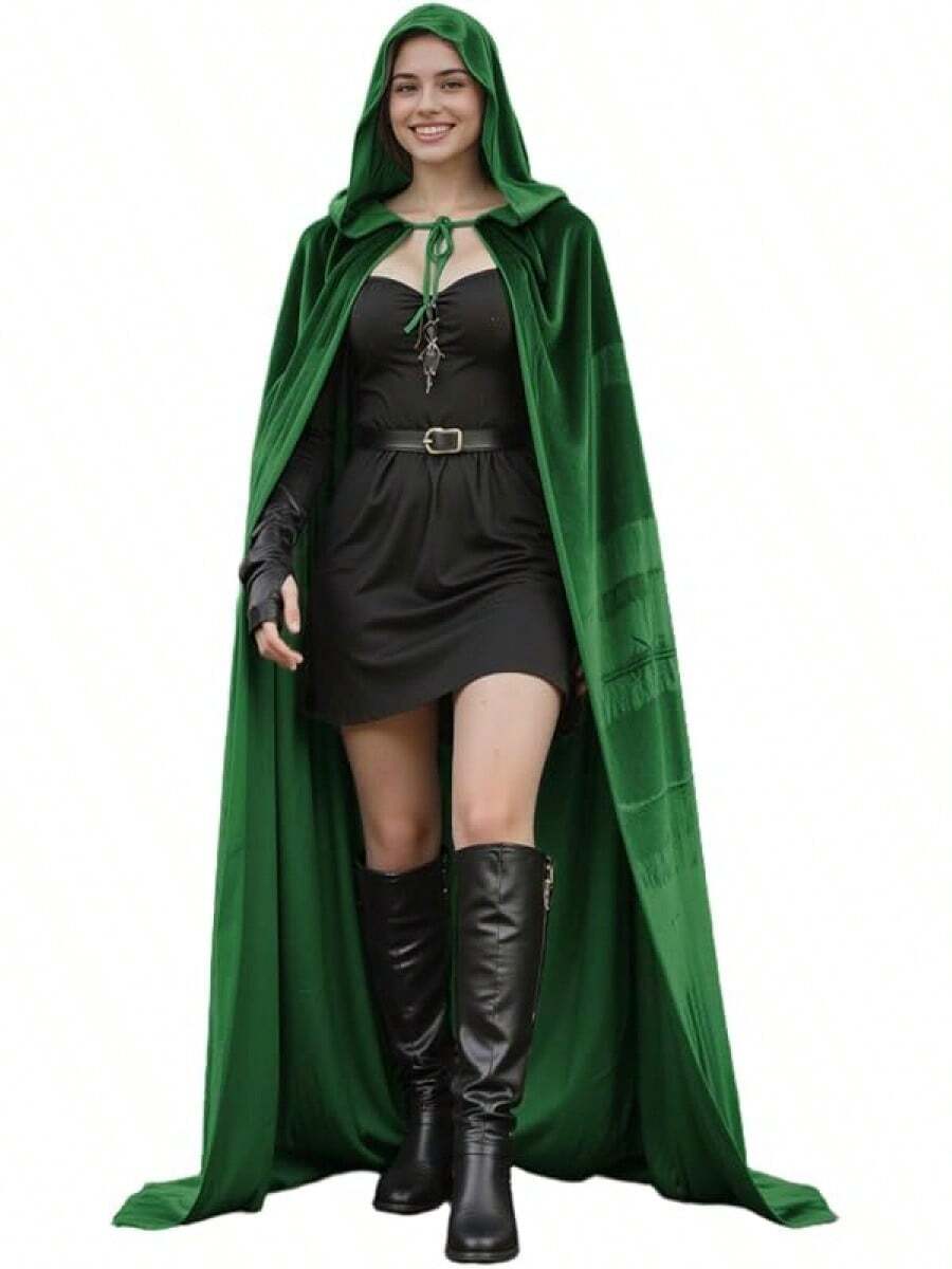 Black Witch Velvet Halloween Hooded Cape King Robe Outfit Renaissance Medieval Costume