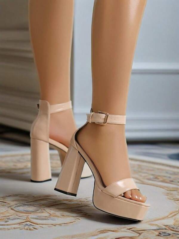 Women's High Heel Shoes, Solid Color, Nightclub Style, Buckle Closure, Thick Heel, Platform, Apricot Color, Fashion Party Shoes, Banquet Shoes