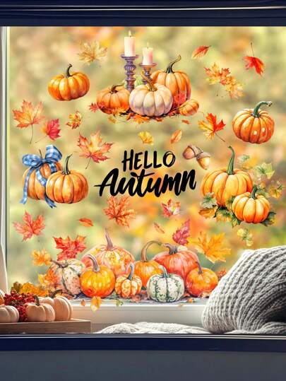 1 قطعة ملصق نافذة لعيد الشكر، ديكور عطلة كلاسيكي، ملصق زجاج بتصميم اليقطين والأوراق القيقب، مرئي من الجانبين، لاصق ثابت قابل لإعادة الاستخدام، ديكور احتفال موسم الحصاد، مناسب للمنزل والحمام وجدران الحفلات