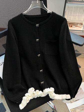 Women's Casual Bow Button Patchwork Contrast Color Pocket Knit Cardigan, Autumn/Winter