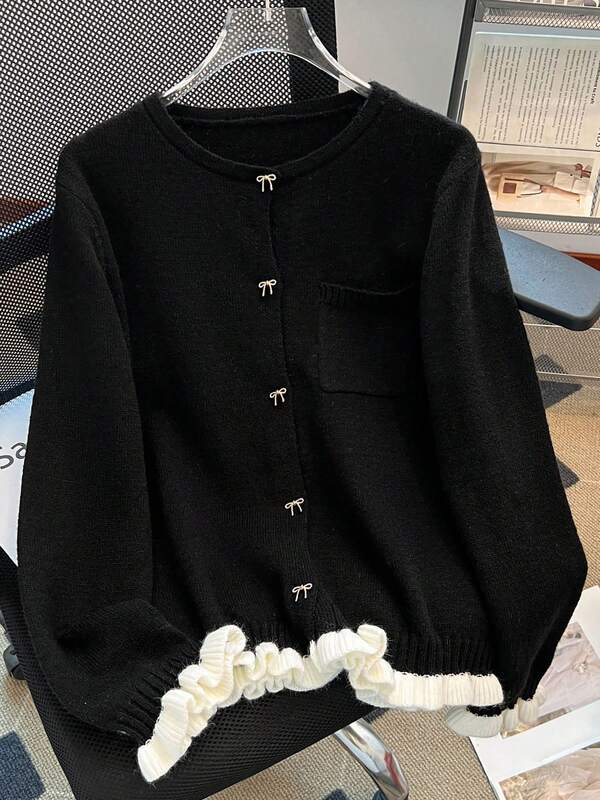 Cárdigan de punto con bolsillo, lazo, botones y contraste de color, estilo casual para mujer, otoño/invierno
