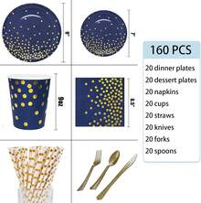 Juego de cubiertos desechables de 160 piezas para 20 invitados, juego de cubiertos de azul y dorado que incluye plato de cena, plato de ensalada, servilleta, taza, cuchillo, tenedor y cuchara para de cumpleaños o boda - 1 - Ver 3