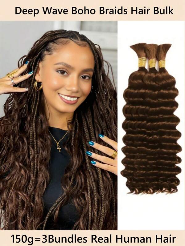 Cabello a granel para trenzar de onda profunda color chocolate, cabello humano húmedo y ondulado sin trama, 150g con 3 paquetes de extensiones de cabello humano con reflejos para trenzas bohemias, 4#