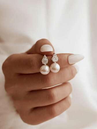 1 Pair S925 Sterling Silver Synthetic Zirconia Water Drop Shaped Pearl Stud Earrings, Elegant Quality Jewelry For Women, Suitable As A Gift For Lover Or Mother