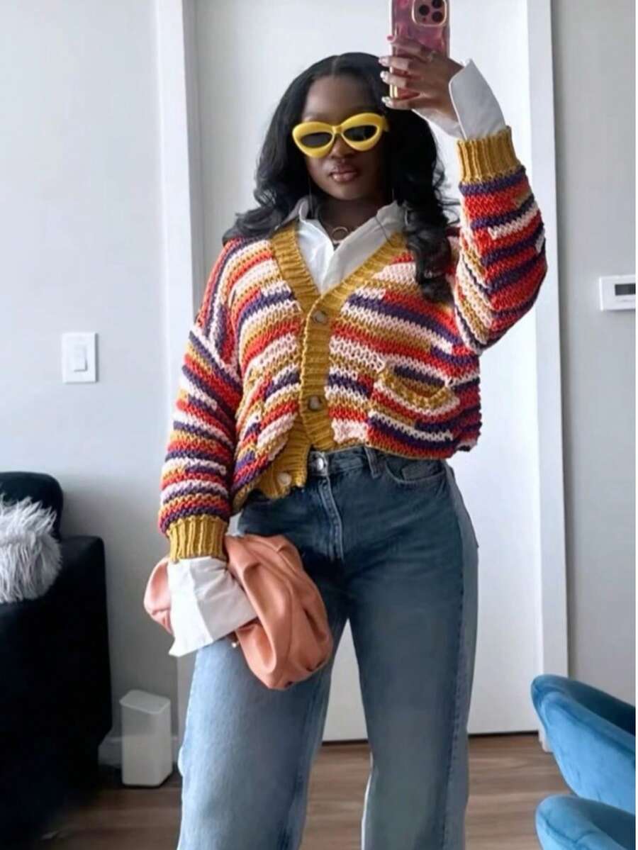 Áo khoác cardigan dệt kim dài tay cổ chữ V cài nút kẻ sọc nhiều màu sắc của For Love & Bella dành cho nữ, thích hợp cho kỳ nghỉ và mùa thu/đông. - Màu vàng - Xem 1