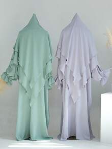 1 Set de Vestido Abaya musulmán suave con mangas de campana, emparejado con hijabs de unicolor, diseño clásico y versátil con cierre de lazo, adecuado para cualquier persona - Multicolor - Ver 2