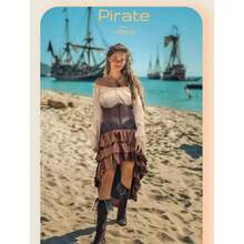 Verceco Pirate Costume Women Outfit With Renaissance Pirate Shirt Skirt Corset Waist Belt Womens Halloween Pirate Costumes(Beige+Brown, S) - 小號+++米色+棕色 - 查看 8