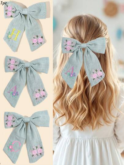 1pc 26Letters Green Hair Bow Hair Clips For Girls,Fabric Embroidery Letters Accessories Hair Bows For Girls,Swallow Tail Hair Accessories For Girls Party Gifts