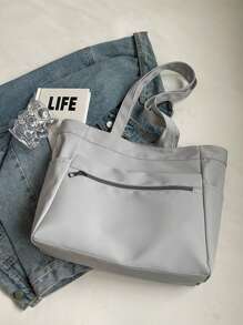 女士多口袋托特包，轻便可折叠单肩/腋下包，学生背包，办公公文包，大容量购物袋，适合购物、钱包、逛街、年轻女性、大学生、新手、白领。非常适合办公室、大学、工作、商务、通勤、户外活动、旅行和野餐 - 灰色 - 查看 6