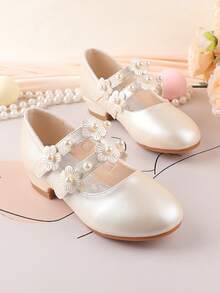 Flower Girl Shoes For Wedding, Party, Holiday, Suitable For Toddler, Little & Big Girls, Classic Comfortable Versatile White & Champagne Floral Pearl Embellished Dress Shoes, Formal Occasion, Recital, Ballet, Princess Style - Champagne - View 4