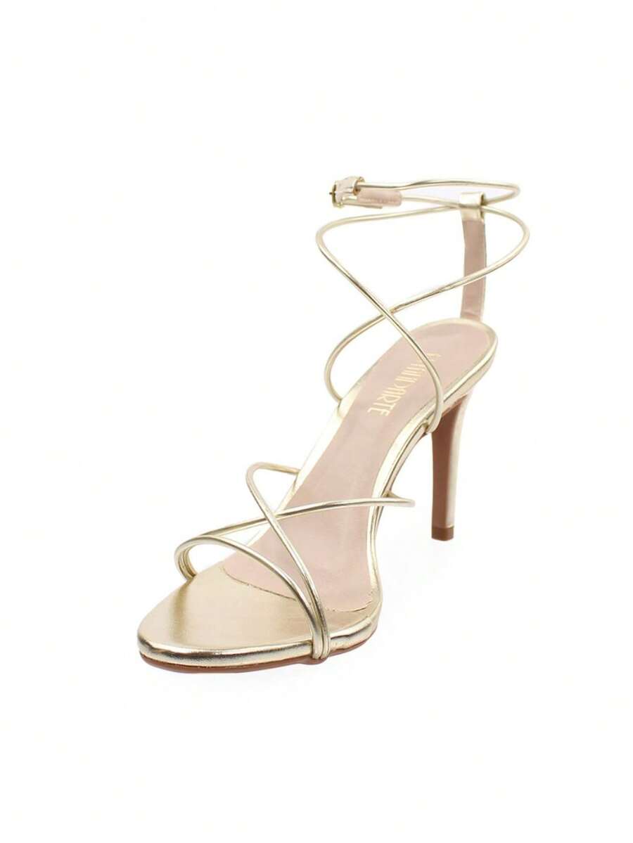 Gold 9cm Thin Heel Sandal With Cross Straps For Party - Gold - View 1