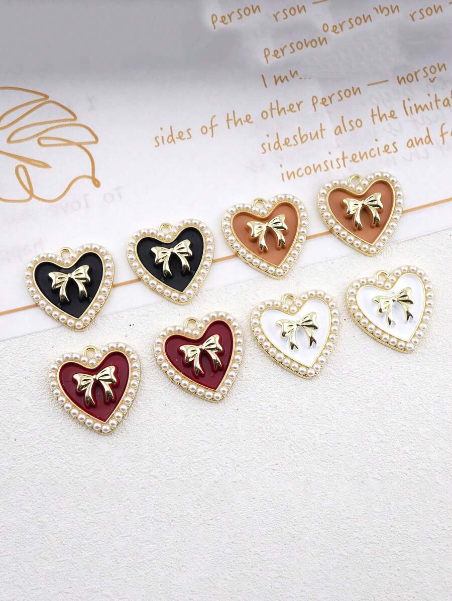 10pcs Heart-Shaped Pearl Bow Pendant, Zinc Alloy Dangle Jewelry DIY Earring Making Supplies - Accessories - View 1