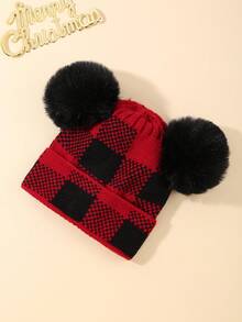 1pc New Red Black Checkered Double Ball Hat Winter Warm Christmas Hat Suitable For Children's Warmth - Red - View 15