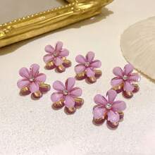 6pcs/Set Women's Mixed Color Alloy Crystal Flower Hair Clips, Elegant High-End Bangs/Fringe Clips, Princess Style Hair Accessories, Versatile For Daily Decoration, Dating, Commuting, Gift Flower Claw Clips