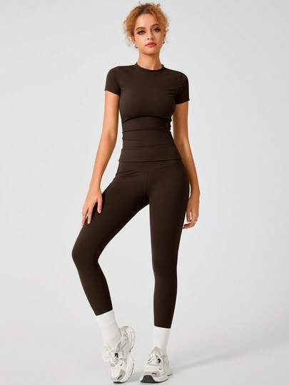 2pcs Women's Slim Fit Sportwear Set, High-End Fashion Solid Color Round Neck Tight Elastic Women Sports Suit, Outdoor Fitness Running Yoga Women Sports Set