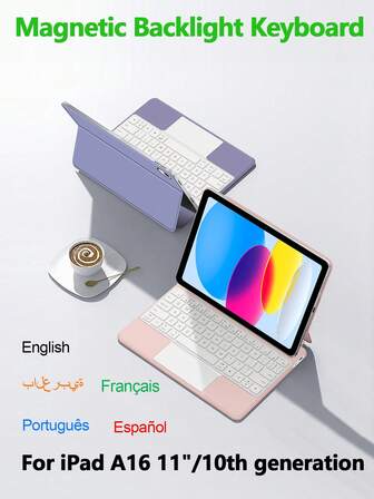 حافظة لوحة المفاتيح السحرية لجهاز iPad A16 2025 11 بوصة / iPad الجيل العاشر 10.9 بوصة 2022 2020 غطاء لوحات المفاتيح الذكية Folio ل- A3354 A3355 A3356 A2757 A2696 A2777 A3162 حافظة لوحة تتبع الإضاءة الخلفية المغناطيسية للكمبيوتر اللوحي، بالعربية والإسبانية والبرتغالية والفرنسية والروسية