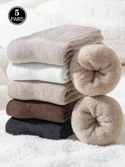 5 Pairs Women's Terry Lined Crew Socks - Winter Thick Knit Socks In Black/Tan/Brown/White