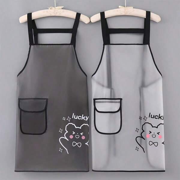 TPU Kitchen Apron Waterproof Transparent Black White Work Apron Oil Resistant Dirt-Proof Cleaning Aprons Household Oil-Proof,1PC Lightweight, Suitable For Cooking And Cleaning, Cute Bear, Simple Style Waterproof TPU Kitchen Apron - Sleeveless