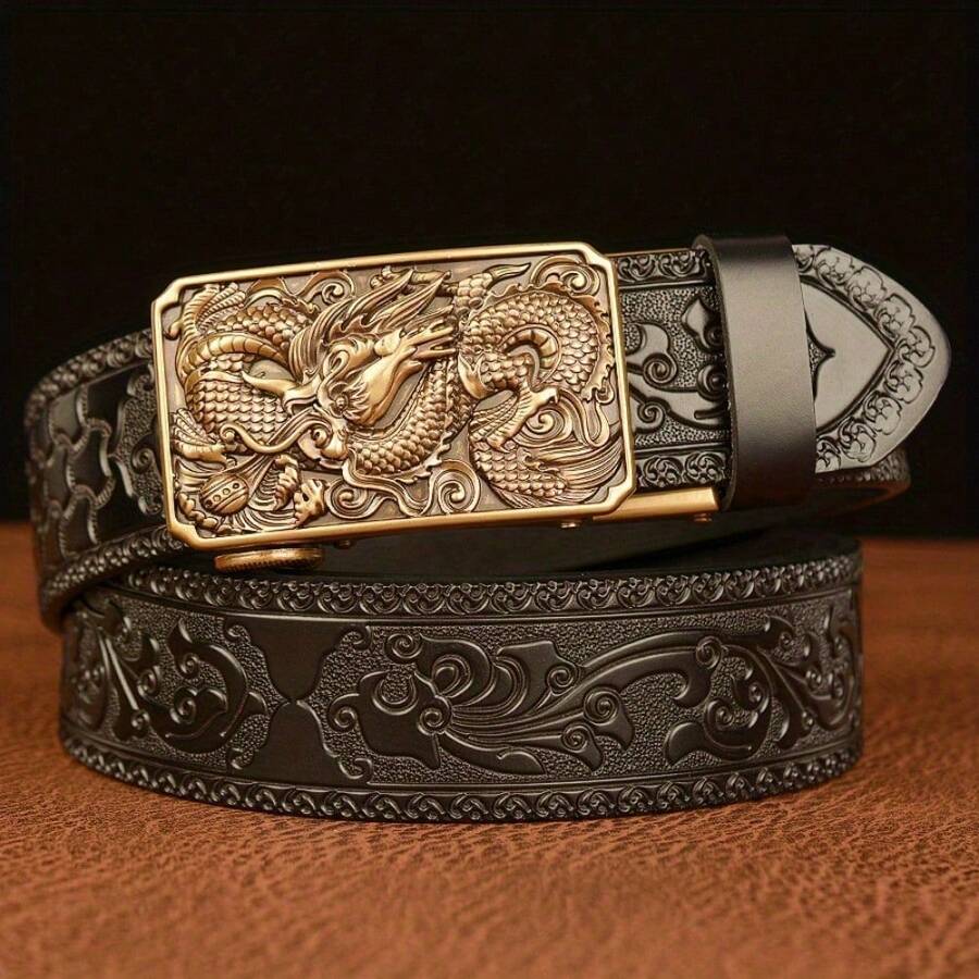 Western Cowboy Genuine Leather Belt Animal Print Belt - Men For Women Fashion Retro Waist Strap Decoration Floral Engraved For Jeans Belt,With Automatic Buckle Perfect Accessory For Business And Casual Accasions - 黑金 - 查看 1