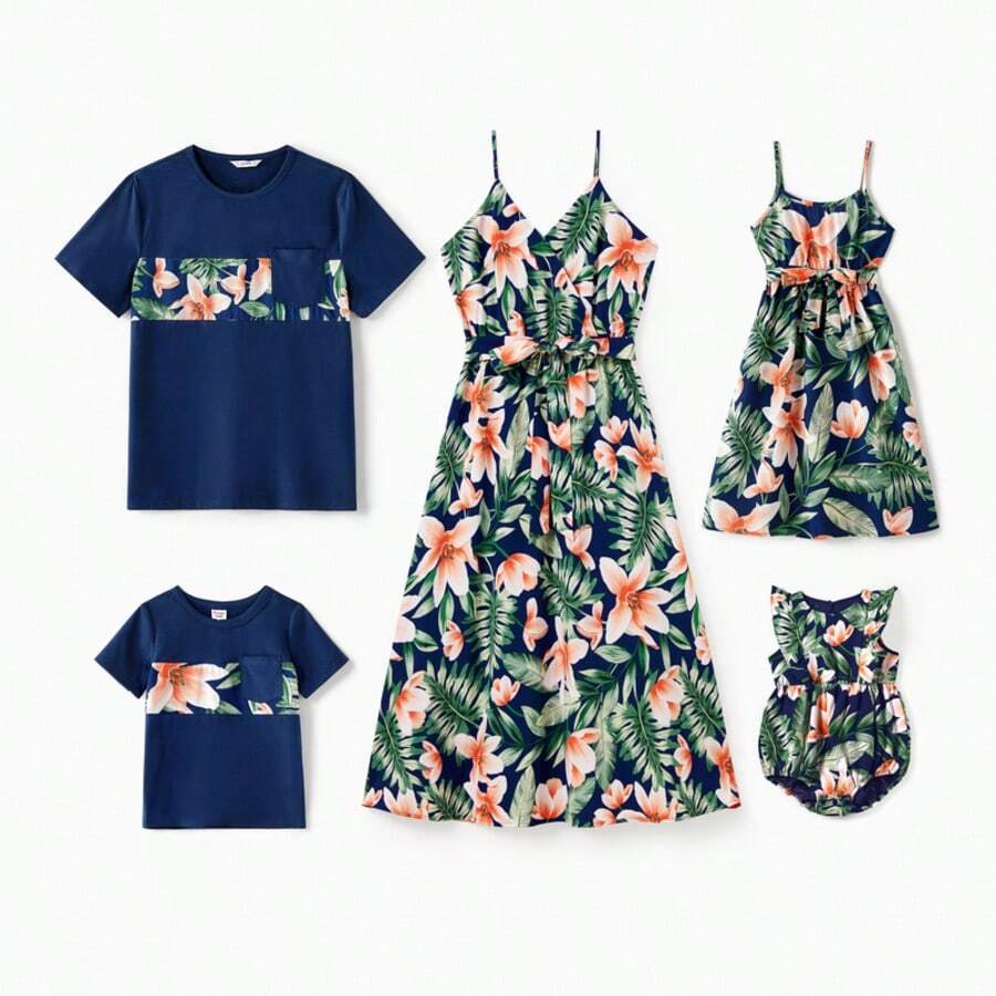 Patpat Family Matching Floral Panel Short-Sleeve T-Shirts Or All Over Floral Print V Neck Spaghetti Strap Midi Dresses With Hidden Snap - Royal Blue - View 1