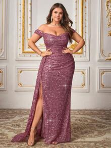 CHOSMO Plus Size New Style Shiny Solid Color Elegant Beaded Split Hem Women's Dress, Suitable For Wedding Photography, Party, Anniversary, Formal Evening Gala, Wedding Guest, Stage Performance, Cocktail Party, Halloween Costumes