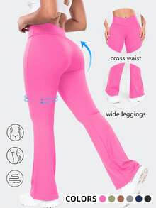 High Waist Flare Leggings Daily Fitness Sports Pants High-Waisted Cross Design Flared Leggings Women Butt Lifting Yoga Leggings - 玫紅色 - 查看 1