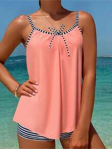 HKGFF-Solid Color Striped Edge Slim Fit Tankini Split Body, Concealing Flesh And Beach Vacation Swimsuit Gift