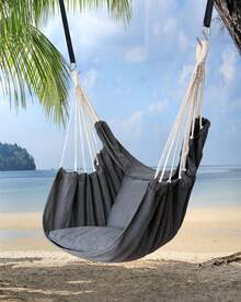 Hanging Hammock Chair With 2 Cushions - Handwoven Cotton Boho Swing For Indoors & Outdoors - Sturdy Rope Design For Porch, Patio, Bedroom - Blue and White Stripes - View 2