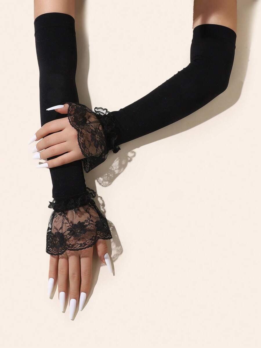 1 pièce Manches en dentelle et mousseline pour femmes, manches évasées transparentes et respirantes, réchauffe-bras mode pour l'extérieur, protection solaire, automne