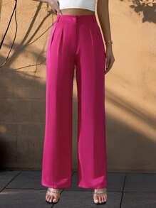 Women Dress Pants Solid Color High Rise Wide Leg Suit Pants With Pockets Long Trousers For Daily Office Party - Hot Pink - View 4
