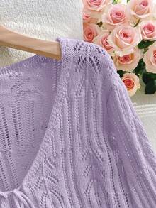 Women's Spring Summer Knit Drawstring Cardigan - Flared Sleeves Ruffled Fringe For Date Vacation ,Saint Patrick's Day, Easter - Purple - View 7