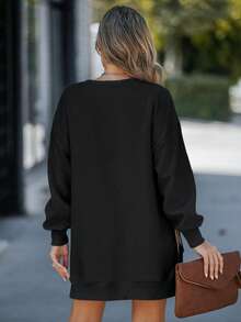 ChicMe Womens Crew Neck Long Sleeve Pullover Sweatshirt Dress Zipper Slit Design Faux Two Pieces Solid Casual Oversize Outfit For Daily Street - Black - View 3