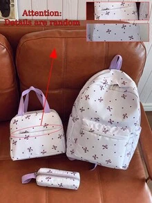 三件套休闲学院风蝴蝶结印花背包套装，包含背包、午餐包、斜挎包和铅笔盒，带笔记本电脑隔层、可调节肩带、多口袋，多功能日常背包套装，适合女性/女孩/青少年/大学生/毕业生，日常使用/度假/旅行/返校，可爱蝴蝶结背包，返校必备，大学背包，大学必备单品 - 紫色 - 查看 2