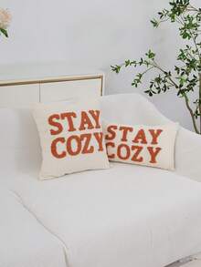 1pc/2pcs "STAYCOZY" Letter Phrase Pillow Cover, Double-Sided Chenille Fabric, Nordic Style Flocked Embroidery, Suitable For Bedroom, Living Room, Outdoor Garden, Holiday Party Decoration, Without Pillow Insert, 30*50cm, 45*45cm