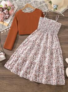 Left Mama 女童长袖上衣和碎花吊带连衣裙，春秋季 - 棕色 - 查看 2