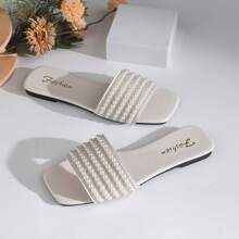 1 Pair Women's Pearlized Rhinestone Slip-On Square Toe Flat Beach/Casual Sandals, Beige, Versatile And Elegant