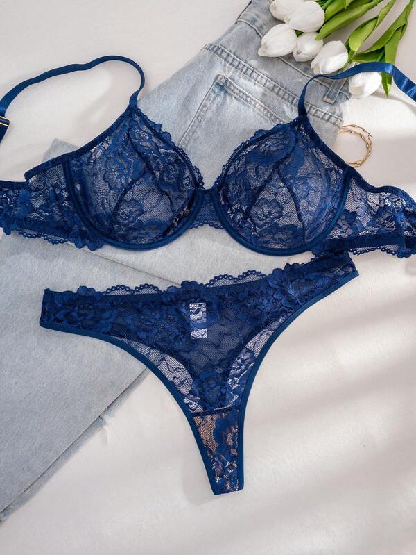 1 Set Damen Große Größen einfarbiger Spitzen-BH mit Bügel & Slip Set, Lift