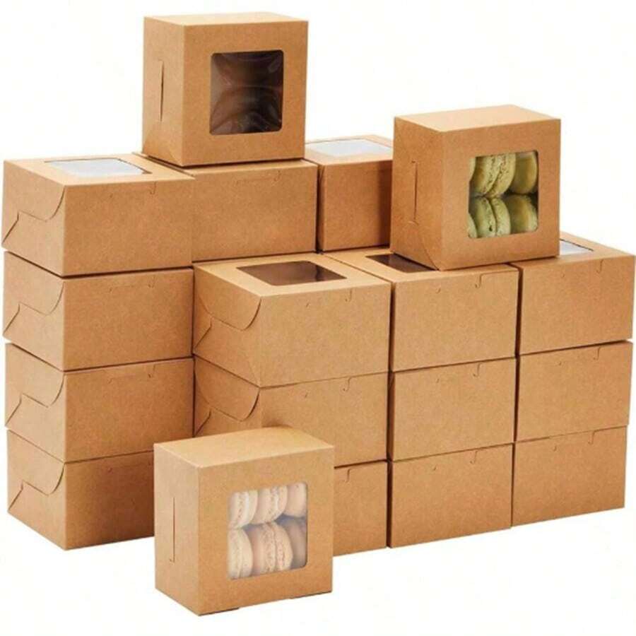 50pcs Kraft Paper Square Cake Boxes, Hollow Window Paper Boxes For Candy, Macarons, Donuts, White
