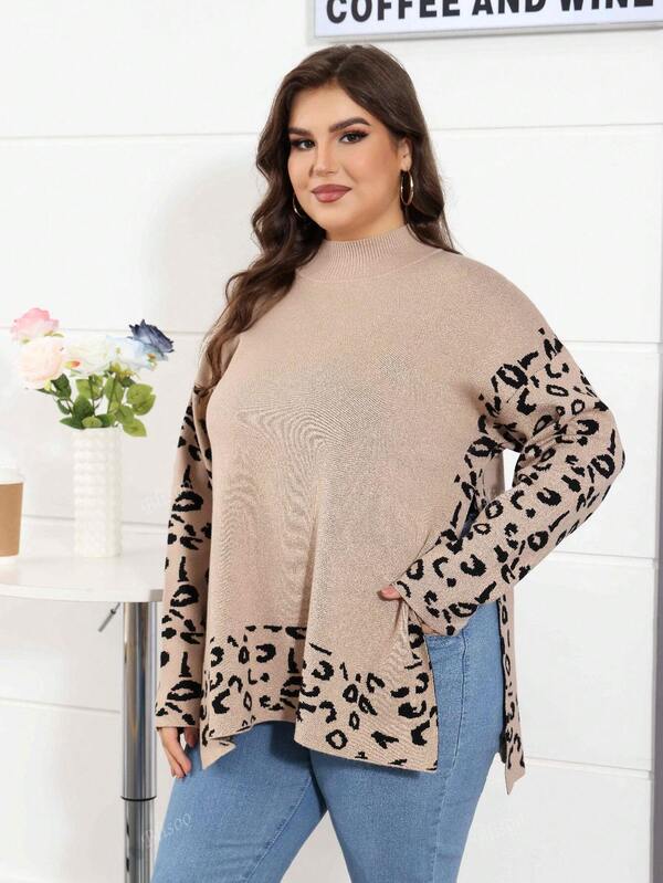 Damen Große Größen Pullover mit Leoparden Muster und Schlitz, Herbst/Winter Strick Langarm Pullover mit Seitenschlitz