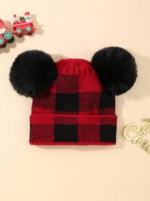 1pc New Red Black Checkered Double Ball Hat Winter Warm Christmas Hat Suitable For Children's Warmth - Red - View 11