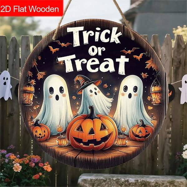 1pc 2D Flat Halloween Themed Wooden Hanging Sign, Combination Of Ghost & Halloween Pumpkin Wooden Hanging Decoration Plaque Suitable For Courtyard Decoration, Home Decoration, Door Hanging Decoration, Holiday Party Decoration, Halloween Gift