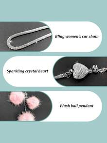 1pc Rhinestone Decorated Car Rearview Mirror Pendant Fluffy Ball Car Hanging Decor, Heart-Shaped Fluffy Ball Rhinestone Pendant Car Interior Accessory - one-size - View 4