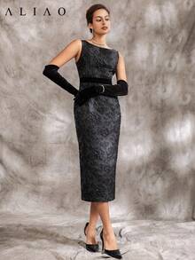 Vestido de noche de estilo vintage, elegante y de clase alta con diseño de jacquard en relieve delicado con apariencia de satén brillante con patrón 3D, cintura drapeada de talle alto, bajo con abertura, sin mangas, para eventos de etiqueta negra, sensación de Derby, vestido negro pequeño, vestido de invitada de boda, estilo de corte, baile de graduación - Negro - Ver 6