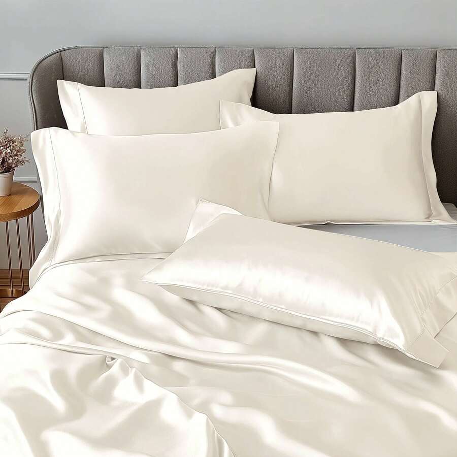 4/6 Pieces Solid Satin Luxury Sheet Set With 1*Flat Sheet,1*Fitted Sheet,4*Pillowcases Without Core,Luxury Silky With Natural Sheen,Elastic 14" Pocket Fits Up To 16" Mattress,Soft Comfortable Breathable Bedding Mattress Protector Set,All-Season Elegant Home Textile For Full-Queen-King-California King Size,Ideal Festive Celebrations Holiday Gift For Bedroom Decor - 象牙 - 查看 1