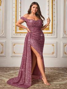 CHOSMO Plus Size New Style Shiny Solid Color Elegant Beaded Split Hem Women's Dress, Suitable For Wedding Photography, Party, Anniversary, Formal Evening Gala, Wedding Guest, Stage Performance, Cocktail Party, Halloween Costumes
