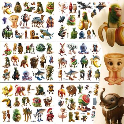 6Pcs Italian Brainrot Cartoon Kawaii Party Supplies Temporary Tattoo Stickers Tung Tung Tung Sahur Tralalero Tralala Bombardiro Crocodilo Lirili Larila Glorbo Frutto Drillo Waterproof Body Art Sticker Gift Decoration Accessories